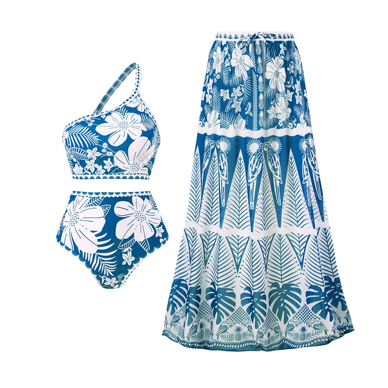 Print Bathing Suit Women One-Shoulder High Waist Vintage Bikini Set Mesh Beach Long Skirts Summer 2026 New Split Swimsuit