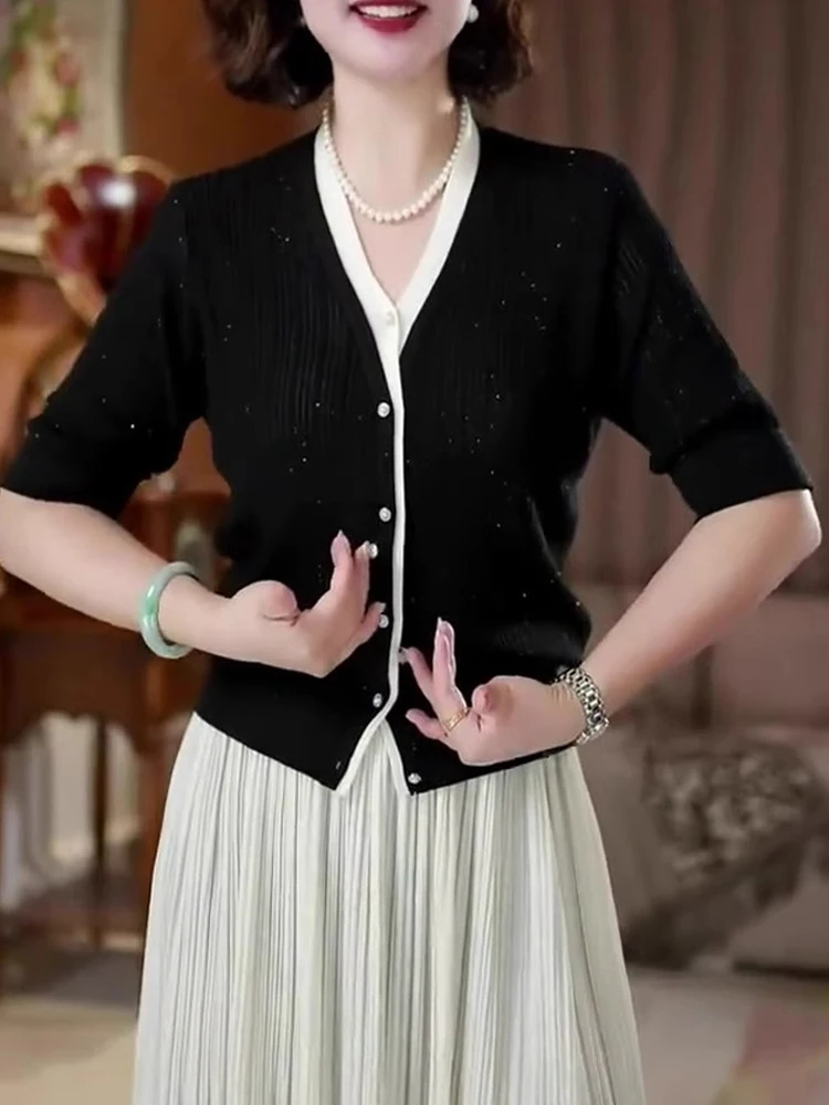 

iny Sequin ort Sve V-Ne Knitted Open Cardigan Faionable Inner Wear Summer Commute Sle Loose Fit Single Button