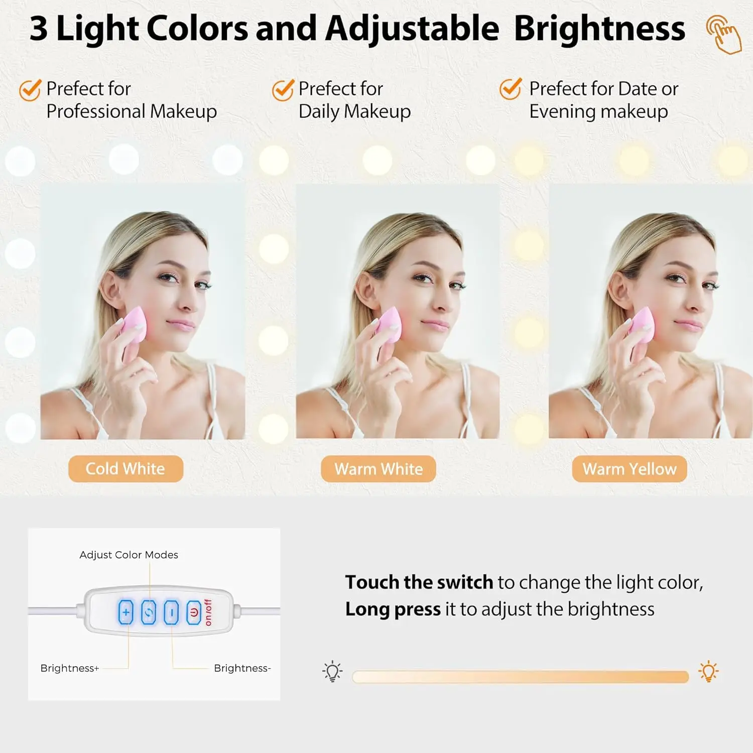 Oświetlana toaletka z białym lustrem, szklanym blatem, gniazdem elektrycznym i 7 szufladami do przechowywania, dostępna w 3 opcjach kolorystycznych.