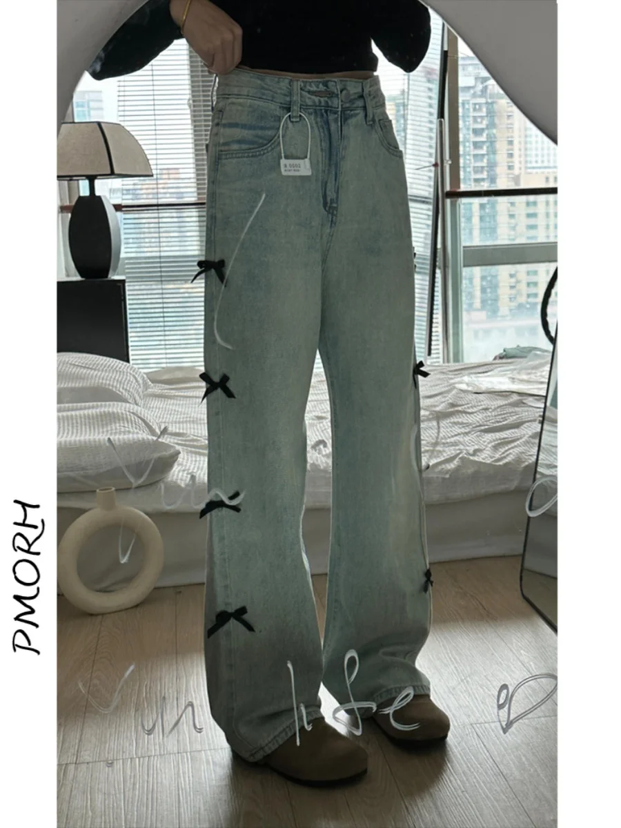 

American Retro Light Blue Bow Tie Jeans Women's Spring Slim High Waist Straight Loose Wide Leg Pants Denim High Waist Long Pants