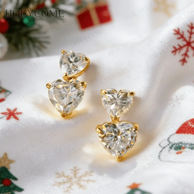 Boucles d'oreilles Double cœur personnalisées, cœur Moissanite 6.5x6.5mm/8x8mm, Total 3CT/6CT D couleur VVS1, bijoux scintillants pour noël