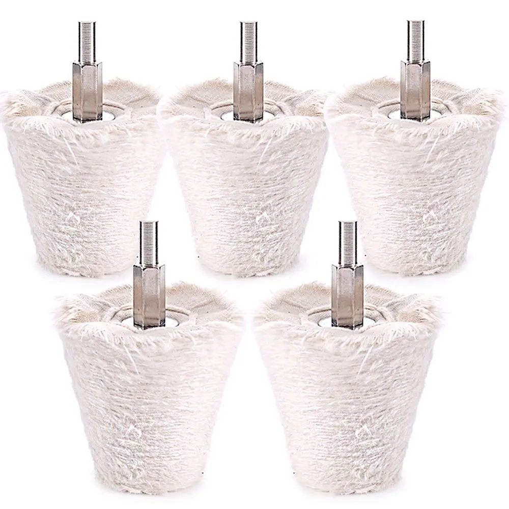 5 Pcs Cone-Shaped White Flannelette Polishing Wheel Grinding Head with 1/4
