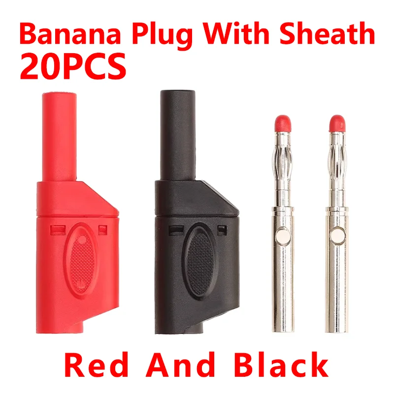 

20PCS/ 4mm Male Retractable Sheath Stackable Banana Plug Shrouded Fully Insulated Safety Wire Solder Connector Black Red