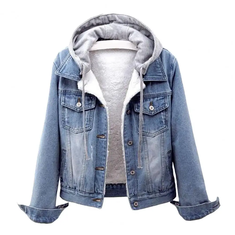 Women Winter Jacket Hooded Solid Long Sleeves Detachable Hat Thick Keep Warm Single-breasted Plus Size Plush Denim Winter Coat