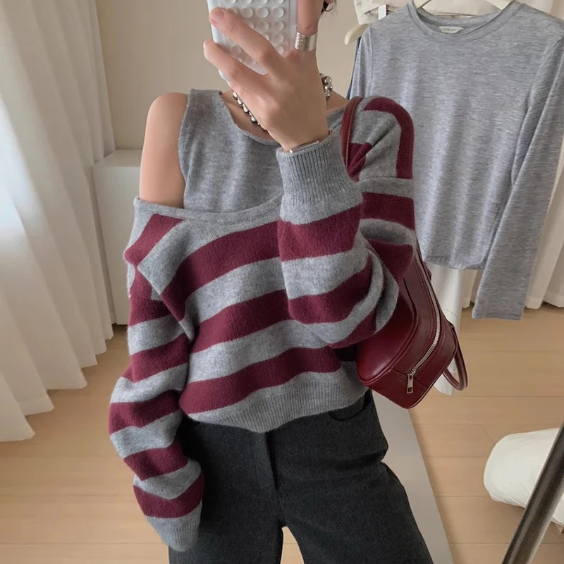 Kleurcontraststreep nep tweedelige off-shoulder trui herfst winter dames losse bovenkleding O-hals gebreide trui met lange mouwen