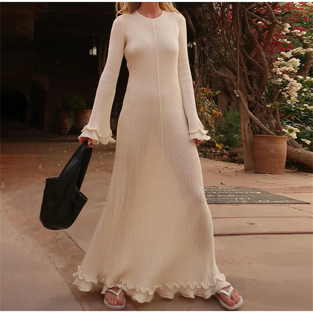 Women Fashion Ruffled Slim Dress O Neck Flared Long Sleeve Backless Vestidos Elegant Lace Up Chic Casual Dresses Lady Party Robe