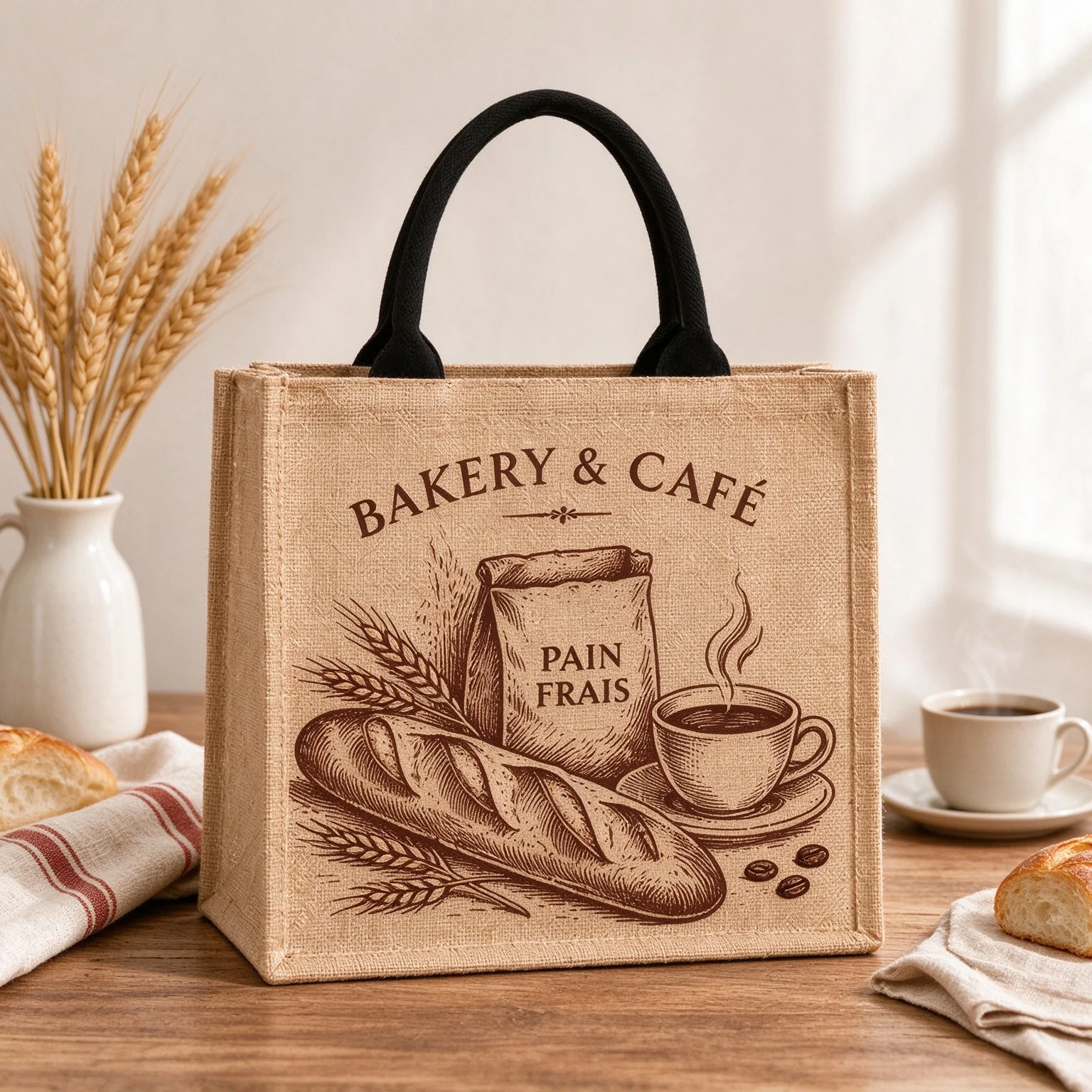 Vintage Bakery Cafe Bread Coffee Print Jute Tote Bag Reusable Market Shopping Bag Baker Food Lover Housewarming Gift