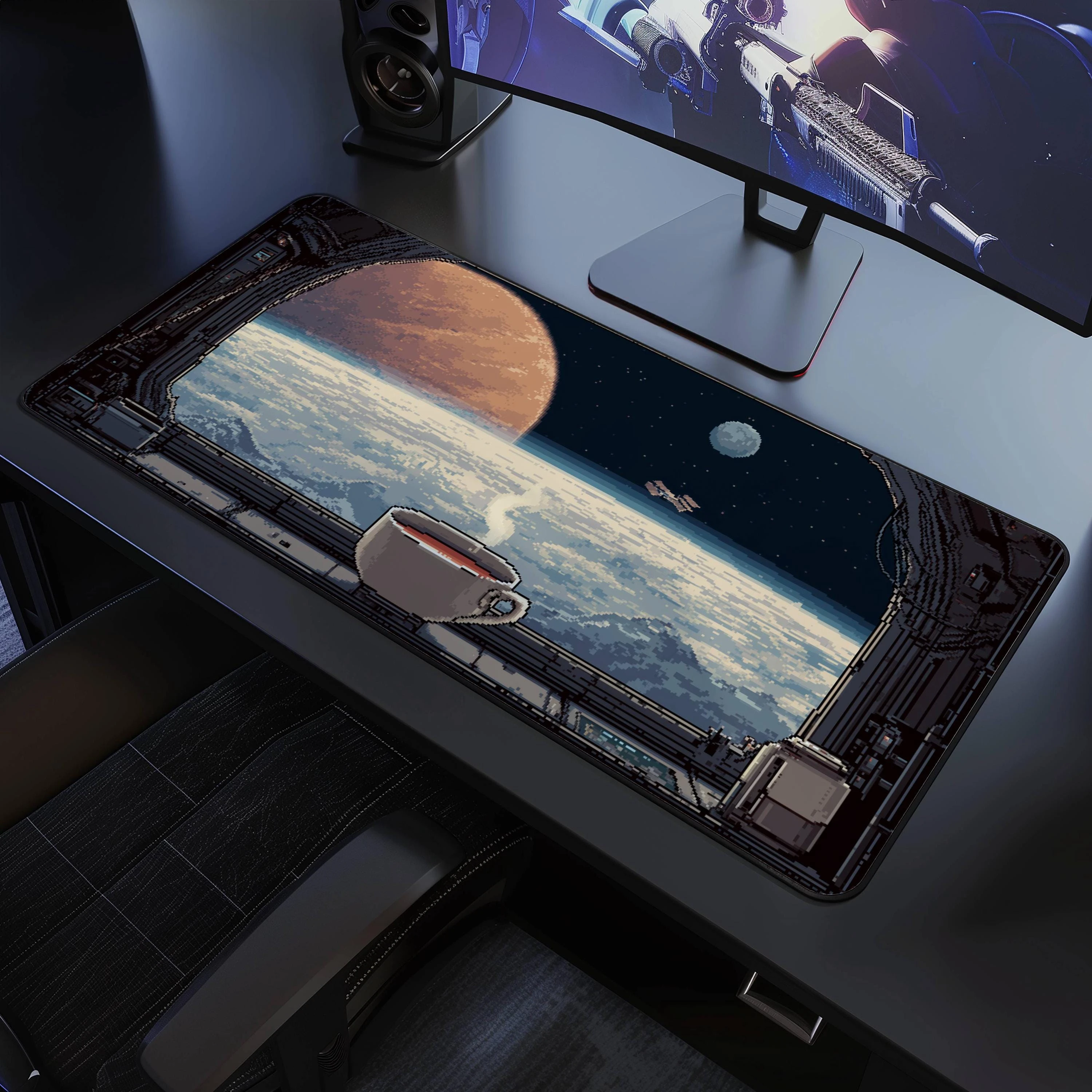 Pixel Art Sci-Fi Futuristic Desk Mat Large Mouse Pad Mouse Pads Office Rug Laptop Accessories Desk Decor Keyboard Mat Decoration