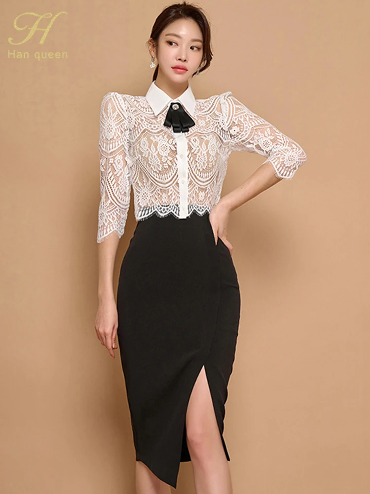 H Han Queen Elegant 2024 Summer 2 Pieces Set Women Bow Lace Tops + High Waist Slit Pencil Skirts Casual Simple Office Skirt Suit