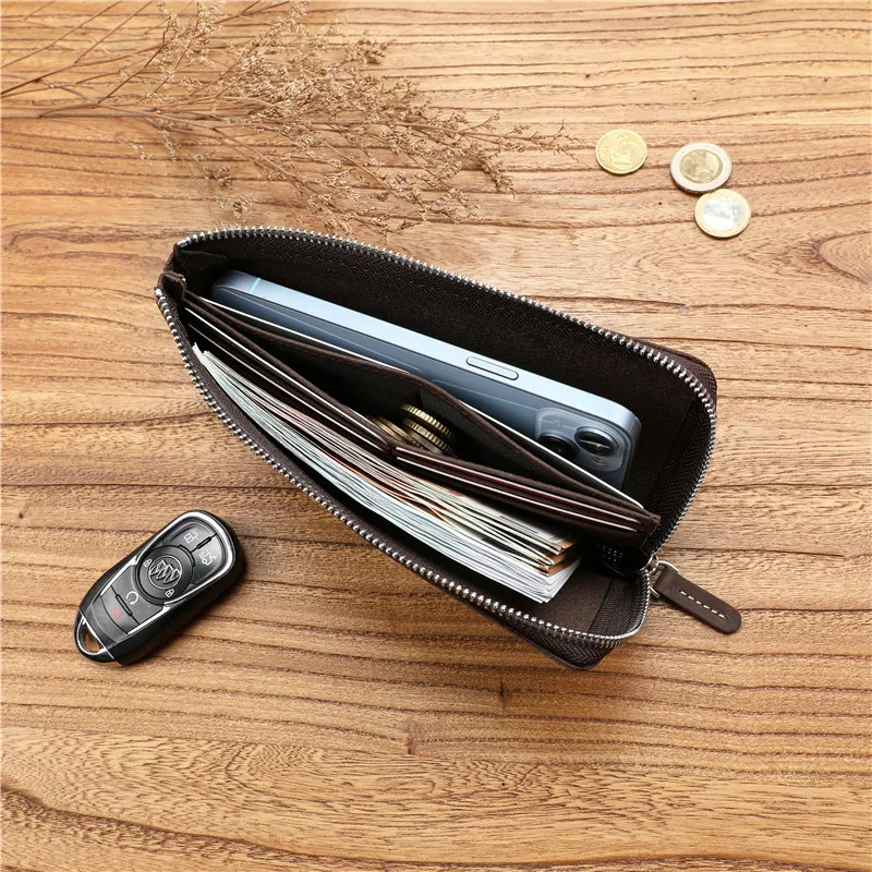 Zency Leather Long Wallet Cowhide Clutch Multiple Card Slots Holders Bags Coin Bag Unisex High Quality Purse