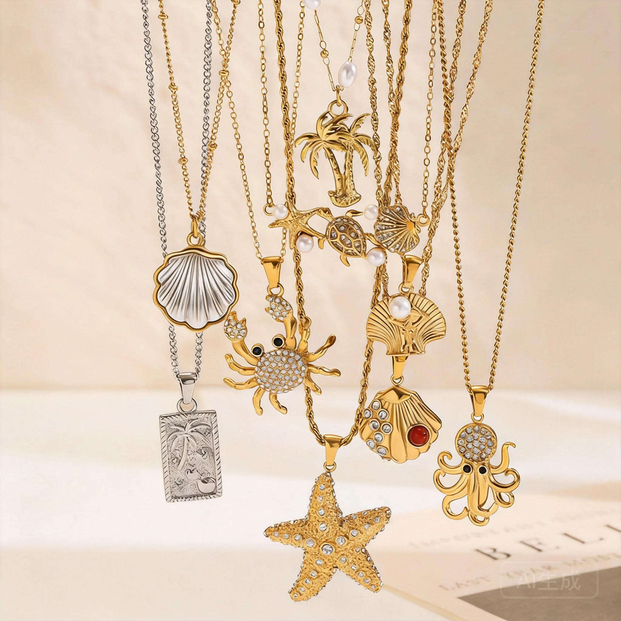 Titanium Steel Cubic Zirconia Inlaid Ocean Series Octopus Starfish Shell Pendant Clavicle Necklaces For Women Lucky Blessing Sum