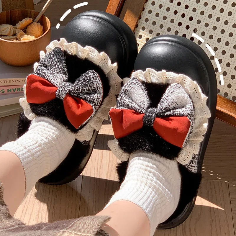 

New Lolita Style Cotton Slippers for Women, Winter, Indoor, Student, Home, Thick Bottom, Cute Bow, Fuzzy Slippers