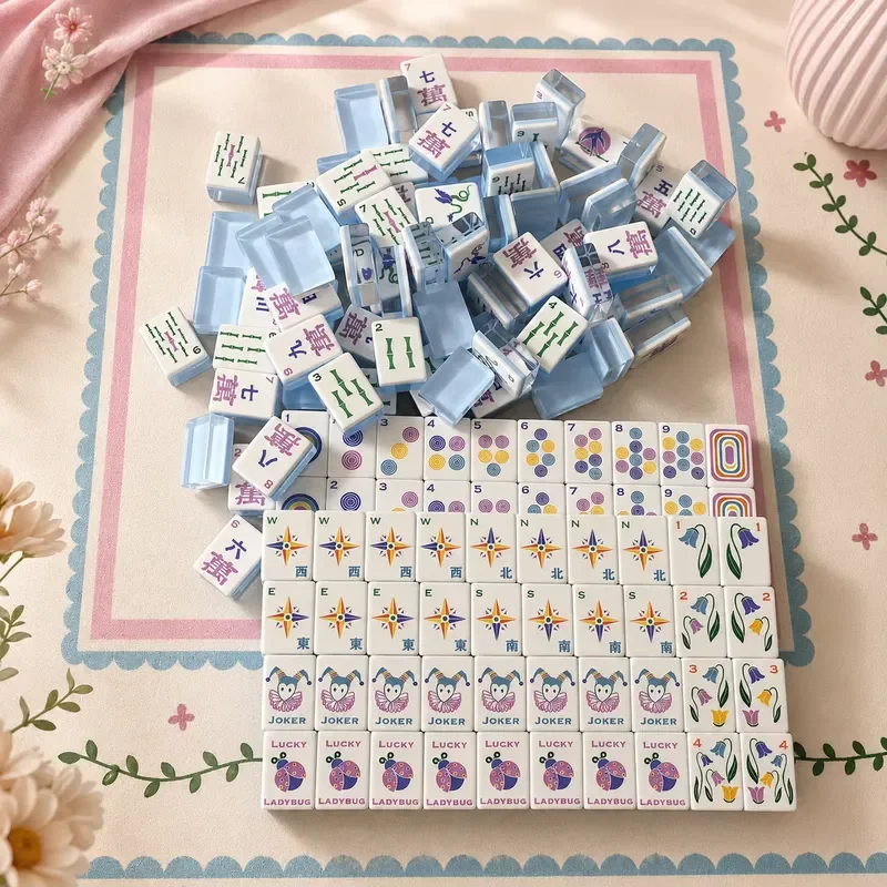 Three-layer transparent light blue American mahjong set, exquisite floral style pattern mahjong home casual table game gift