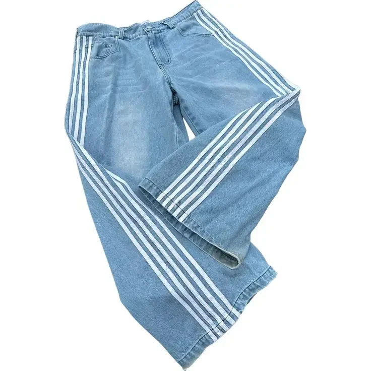 American Style New HCW High Waisted Striped Baggy Blue Distressed Jeans Street Casual Straight Leg Pants for Men and Women