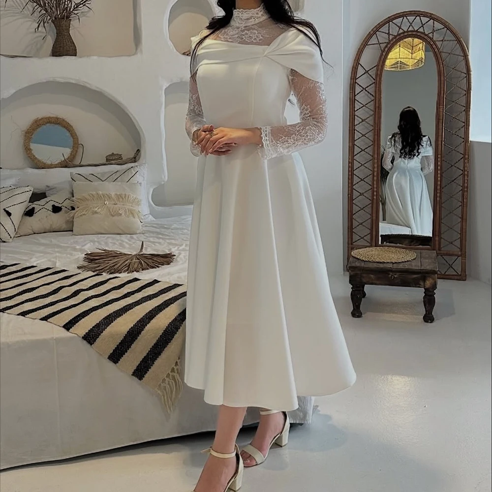 

Вечерние платья трапециевидной формы по индивидуальному заказу, платье для выпускного вечера с высоким воротом и длинными рукавами, модное кружевное простое драпированное повседневное вечернее платье