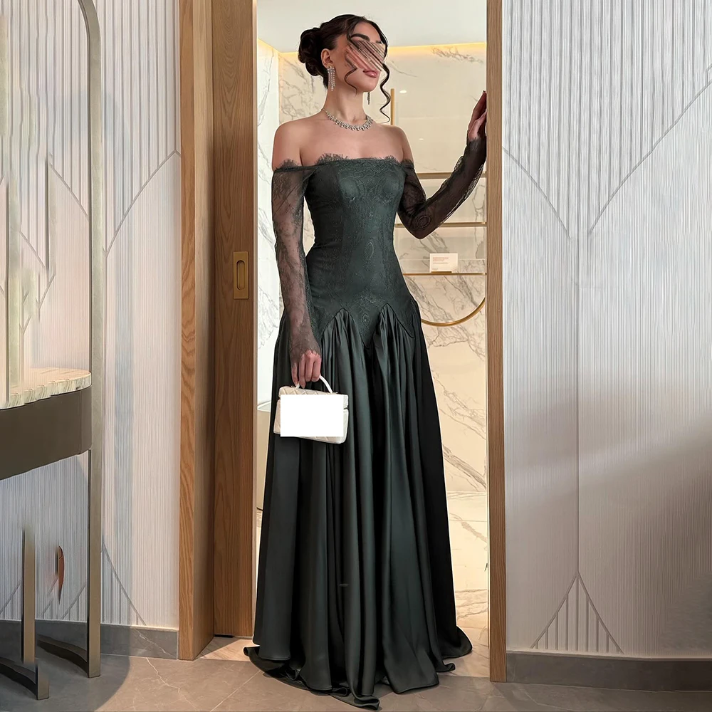 

Custom Made فساتين سهرة Boat Collar Lace A-line Draped Backless Evening Gown Maxi Length Pleated Saudi Arab Dress