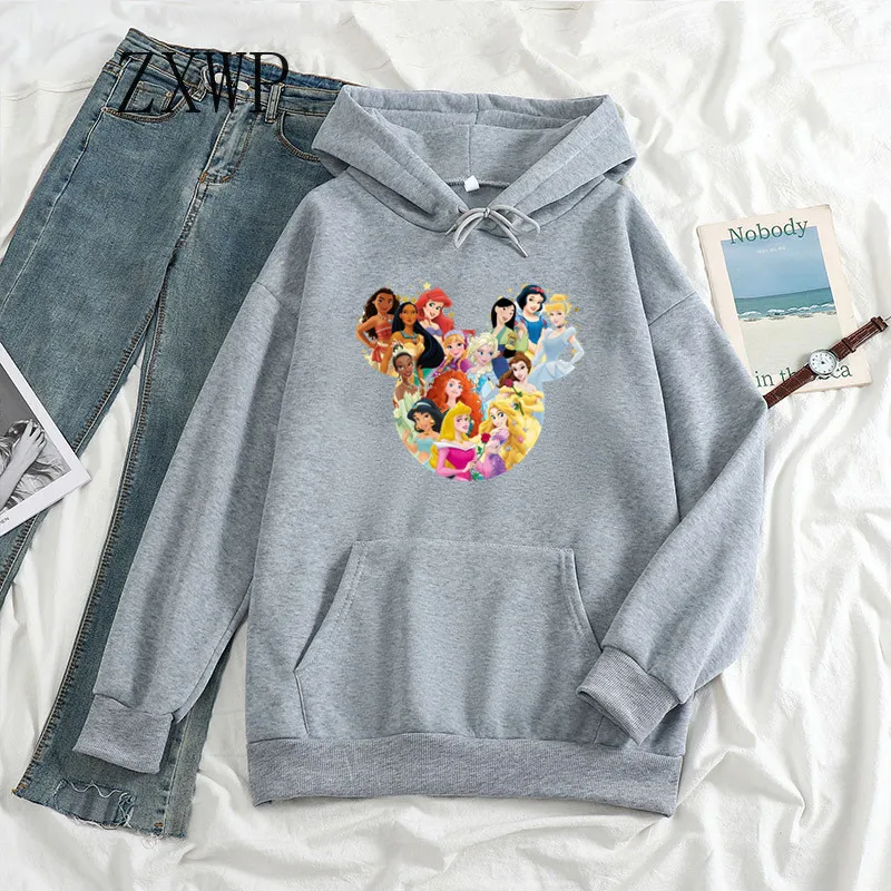 2024 Fashion Casual Cartoon Princess Hoodie Women\'s Print Cinderella Sweatshirt Kawaii Mickey Mouse Anime Top Women\'s Clothing