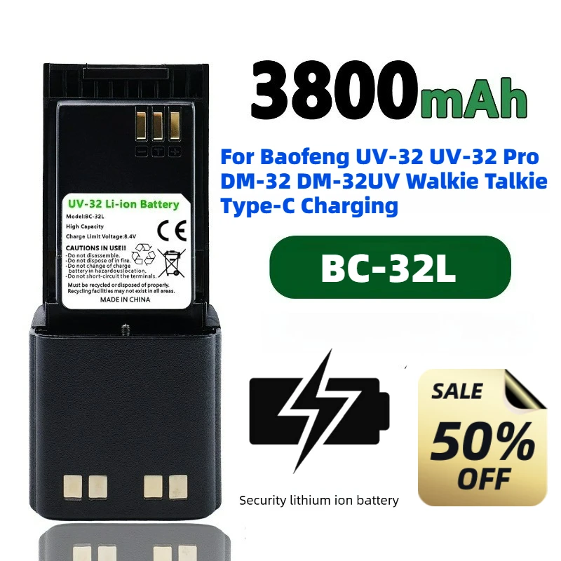 High-Capacity BC-32L 3800mAh 7.4V Rechargeable Battery for Baofeng UV-32 UV-32 Pro DM-32 DM-32UV Walkie Talkie Type-C Charging