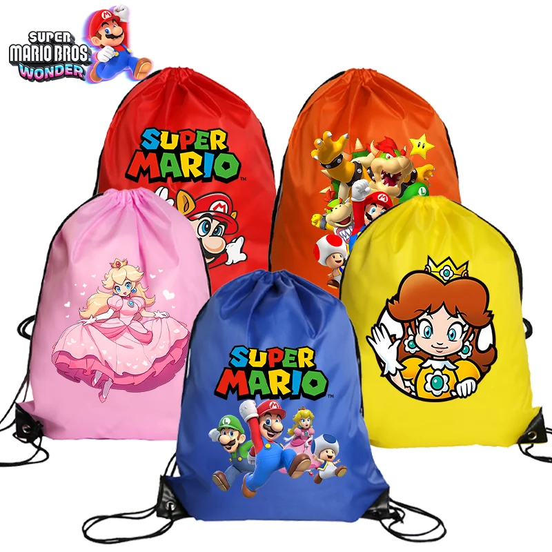Super Marios Bros Kordelzug Tasche Jungen Rucksack Prinzessin Pfirsich Handtasche Mädchen Cartoon Figur Gedruckt Tragbare Lagerung Tasche Geschenke