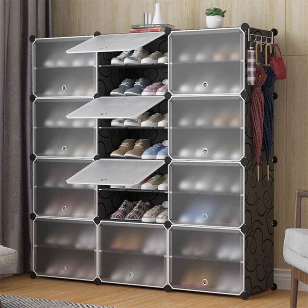 Schlafzimmer-Kleiderschrank, Schuhablage, DIY-Möbelaufbewahrung mit großem Fassungsvermögen von 12 Würfeln, Schwarz