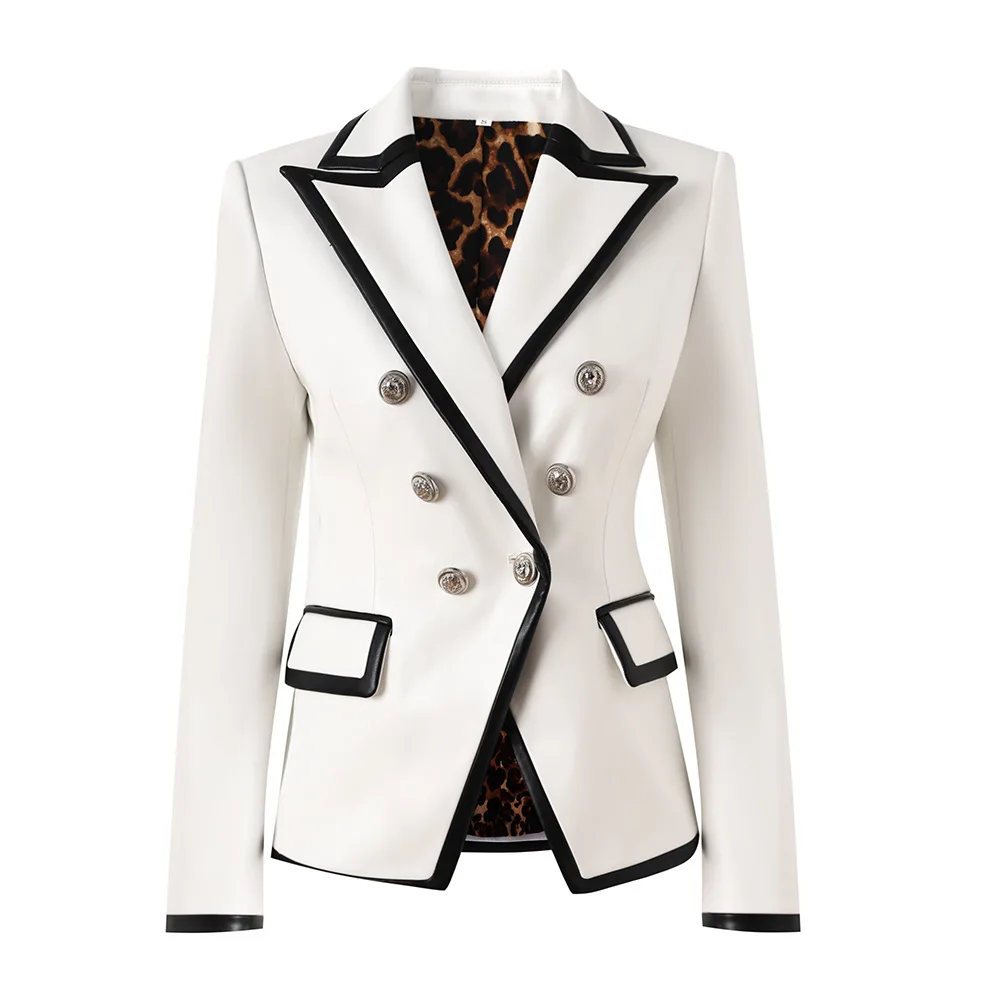 women's outerwears formal pu leather lapel color block blazer coat long sleeve double breasted slim blazer jacket