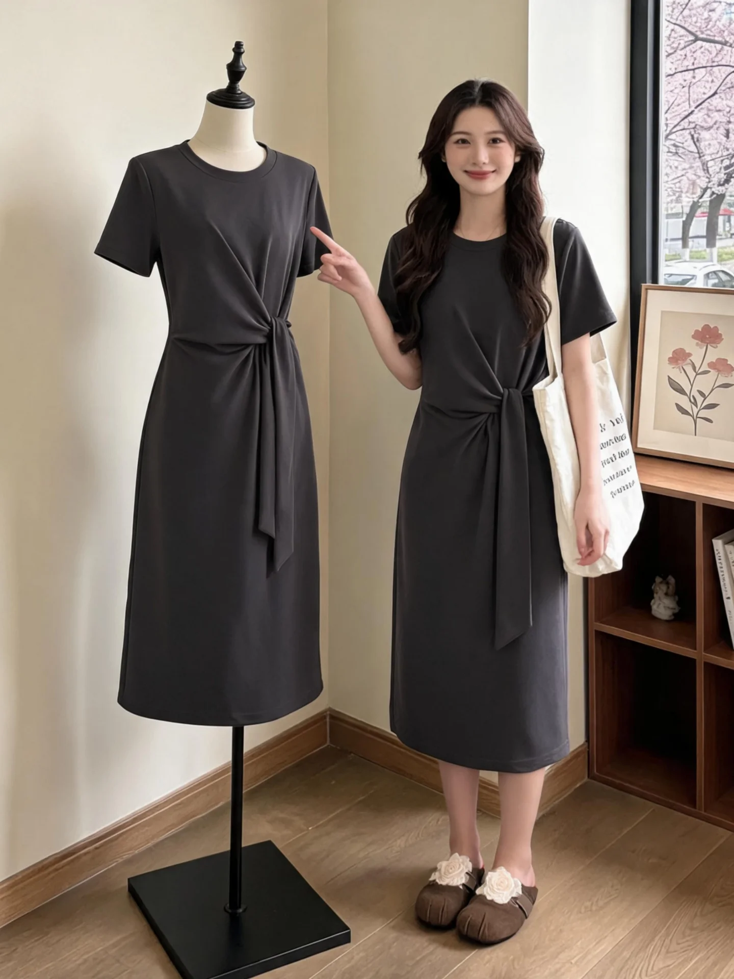 Summer New plus Size Women's T-shirt Dress Short Sleeve Knot Waist Casual Long Skirt Slimming Design Comfortable Polyester Fiber