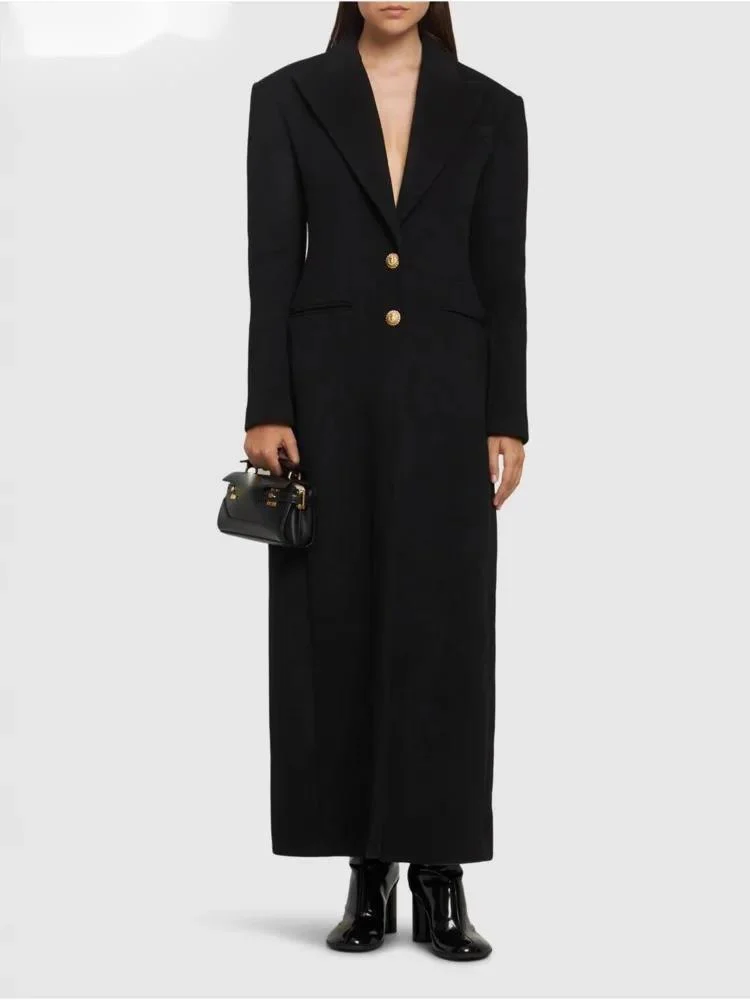 Fashion Black Overcoat Women's Lapel Slim Single Breasted Long Sleeves X-long Coat Autumn New 7DVFM