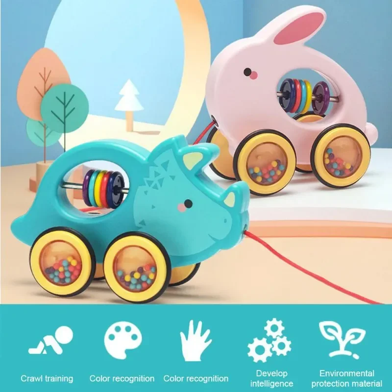 Cartoon Animals Push Pull Toy Baby Pulling Toy Walking Toy with String Children Educational Pull Along Toy Gift for Toddlers Kid