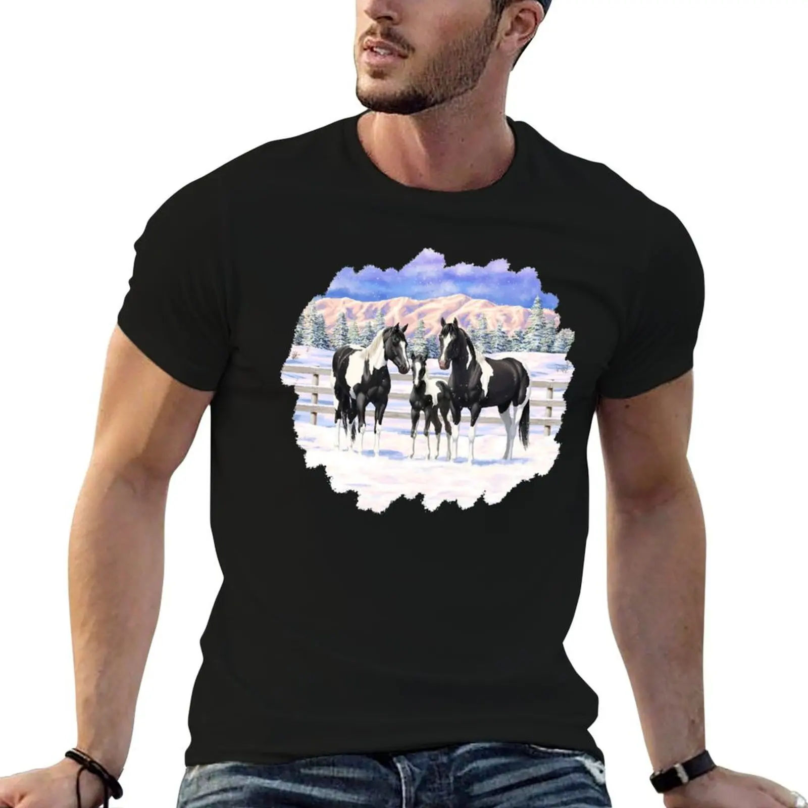 

Black Paint Horse Pinto Quarter Horses in Snow T-Shirt man t shirt luxury essential t shirt T-Shirt