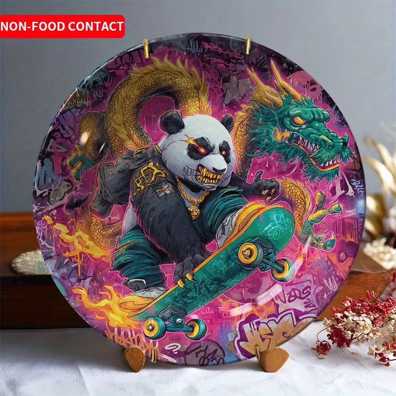 1pc Dragon & Panda Skateboard Art Ceramic Decorative Plate - Vibrant Non-Food Contact Wall Hanging for Living Room, Bedroom,