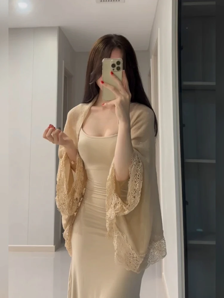 

XZY Sexy Slim Fit Lace Halter Dress Women's Summer Casual Two-Piece Set Korean Style Commute Wind Pure Color Long Skirt