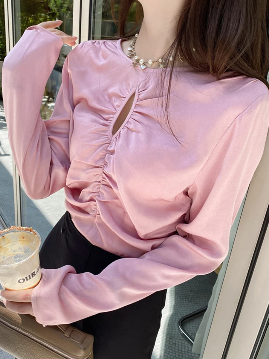 

Женская модная блузка Ele Pink из ацетата с длинным рукавом, приталенная, с круглым вырезом, в корейском стиле