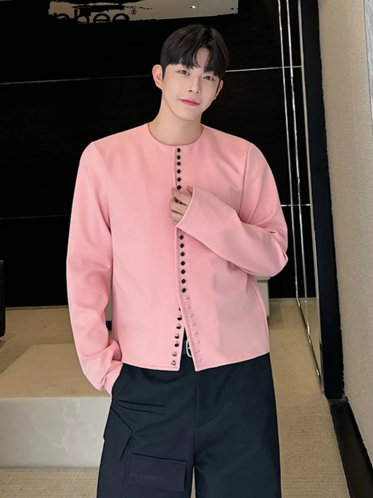 

2024 Autumn Winter Solid Color Long-sleeve Round Neck Coat Men's Fashion Trendy Air Layer Knitted Multi-button Collarless Jacket