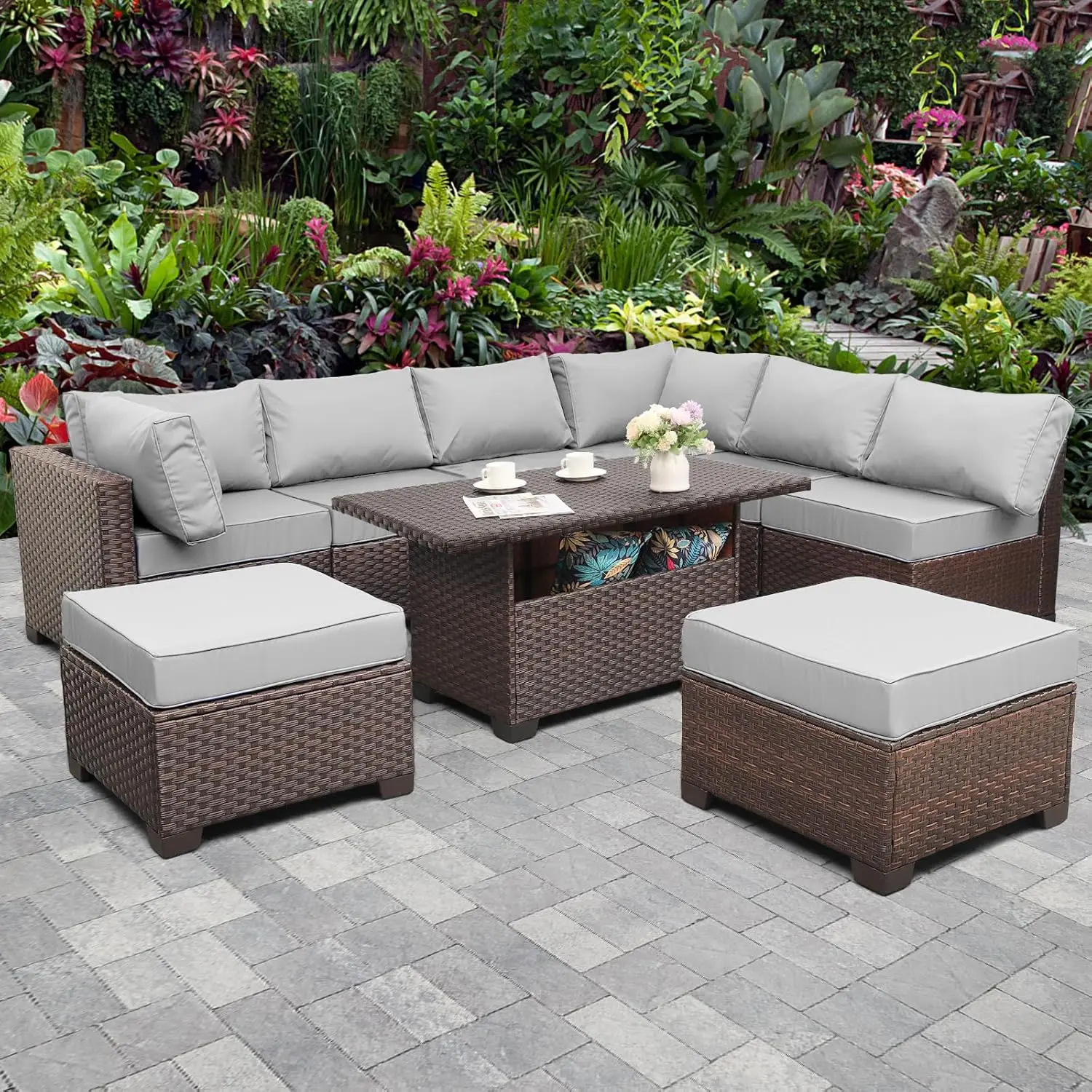 Outdoor Wicker Patio Furniture Set with Grey Cushions and Storage Table, PE Rattan Sectional Sofa Set, 9 Pcs