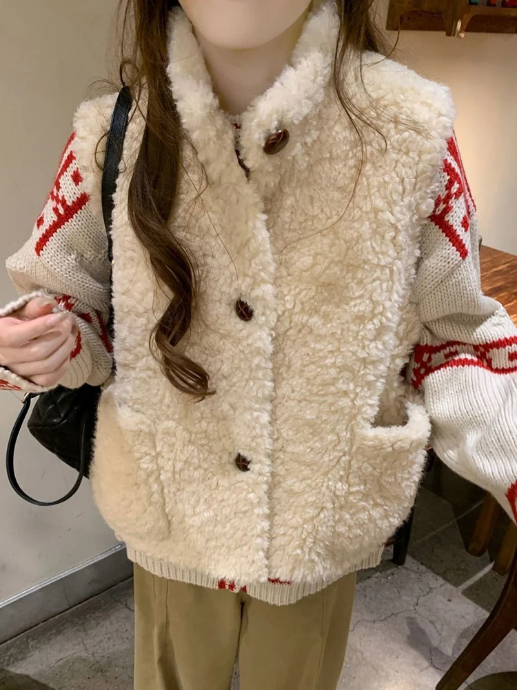 Cute Faux Lamb Vest Women Sweet Fall Winter Stand Collar Preppy Style Kawaii Vest Coat Casual Single Breasted Female Fashion Top