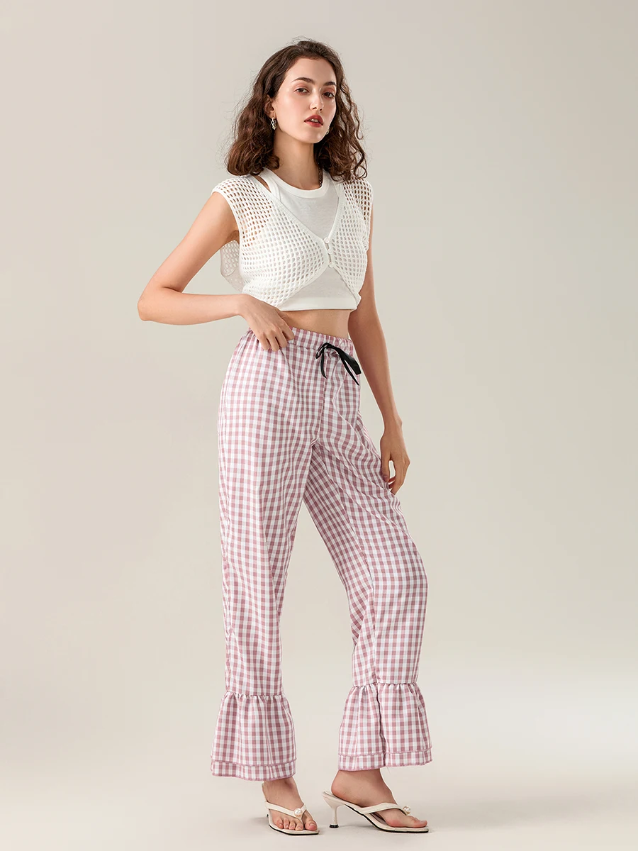 Women Plaid Flared Pants Tiered Ruffled Legs Bow Elastic Waistband Full Length Pull-On Trousers