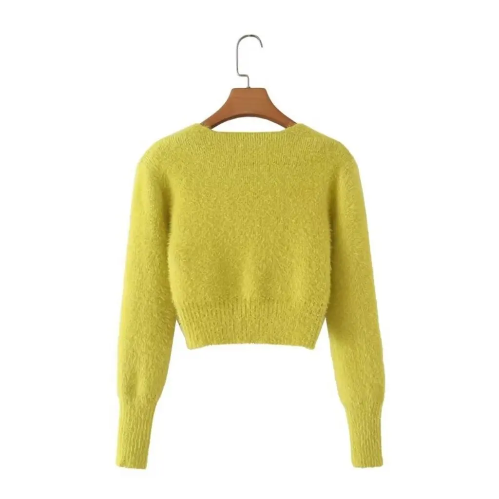 

Women's Vintage Long-Sleeved Cardigan Jacket Furry Texture Solid Color Short Knitted Sweater French Sweet Fresh Style