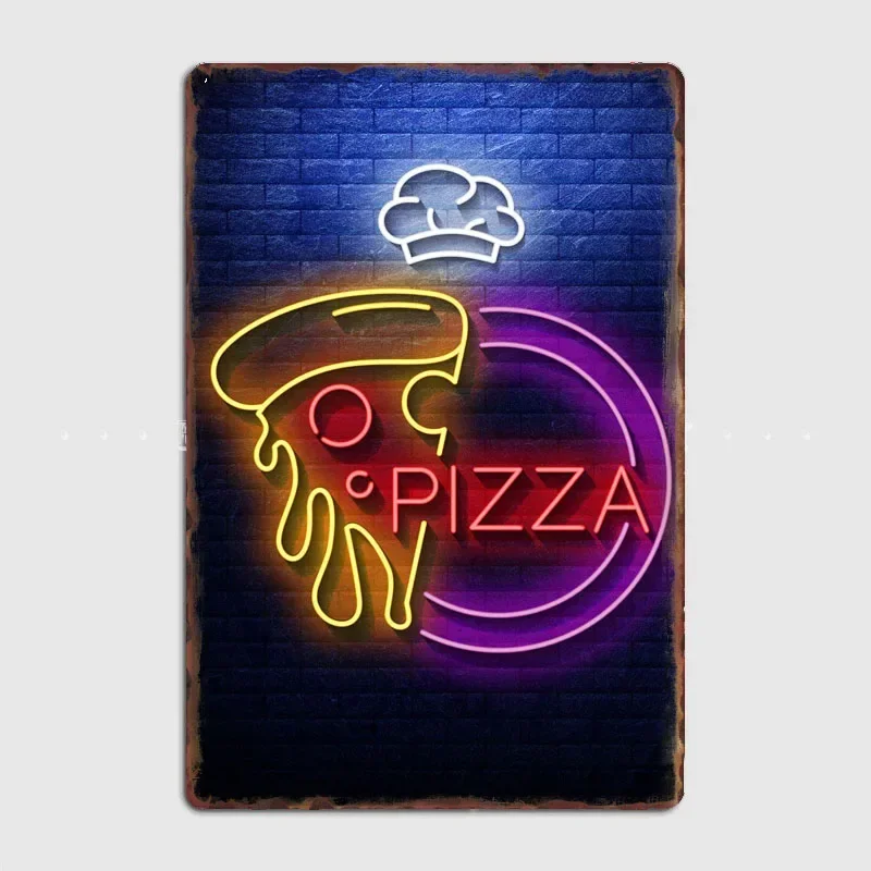 Pizza Neon Food Sign Vintage Restaurant Poster Metal Sign Cinema Kitchen Printing Sign Room Wall Decor Tin Home Decoration