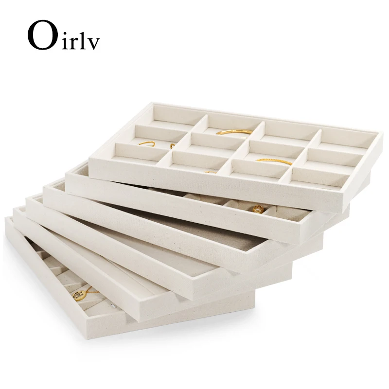 Oirlv Beige Linen Jewelry Display Tray for Ring Necklace Pendant Earring Combination Showcase Storage Jewelry Organizer