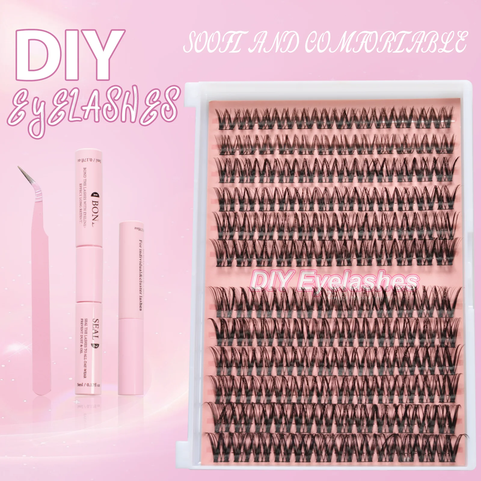 12 Reihen Mix Cluster Wimpern mit Bindung und Pinzette Make-up-Tools DIY Wimpernverlängerungsset für Wimpern Wasserdichtes Wimpernset dick