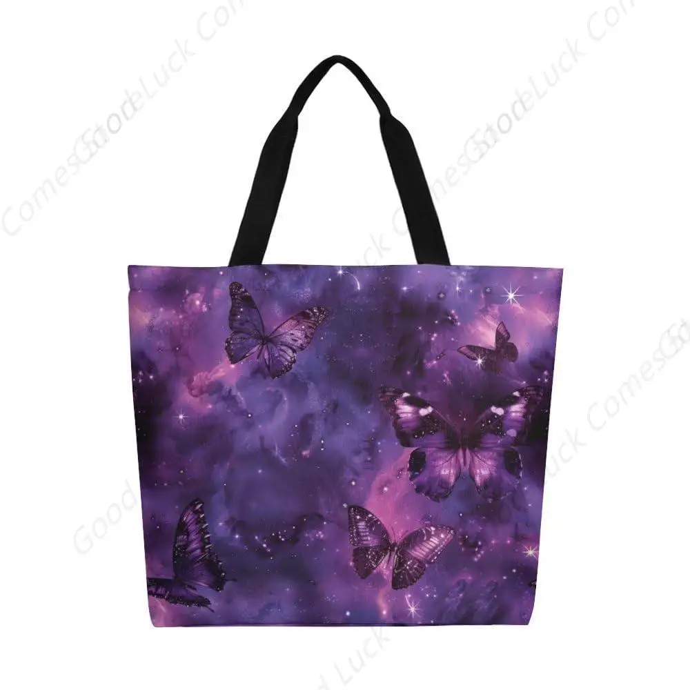 

Бабочка Galaxy фиолетовая холщовая сумка-тоут большая женская повседневная сумка на плечо многоразовая пляжная сумка для покупок для продуктов на открытом воздухе