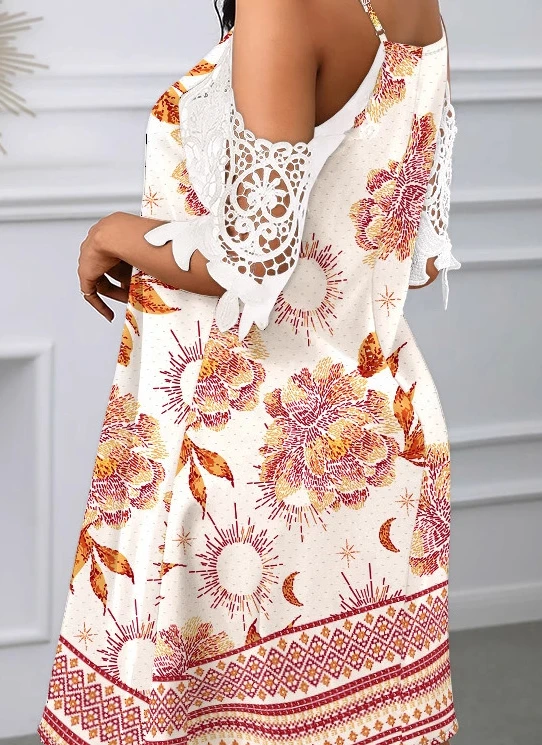 Feminino floral impressão ombro frio profundo v crochê renda mini vestido casual sexy verão moda