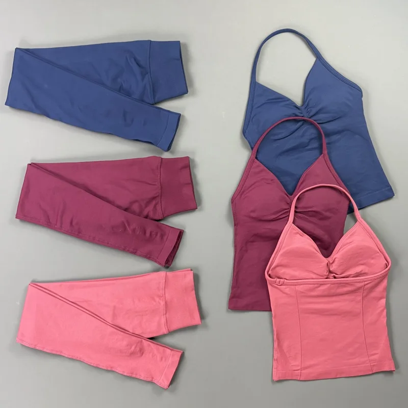 HISTELLO Gym Leggings Set 2Pcs Women's Yoga Longline Strappy Top Seamless Fitness Clothing Running Workout Sports Tops Outfit