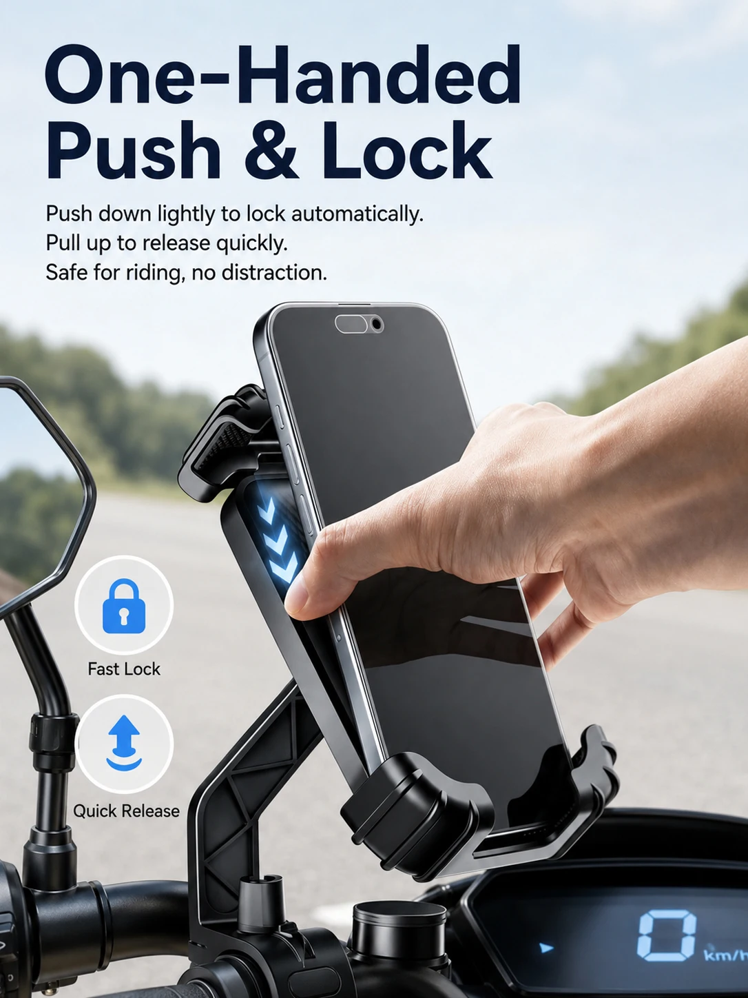 Motorcycle Phone Mount, One-Handed Anti-Shake Bike Holder, Universal Fit for Electric Scooter & Motorbike