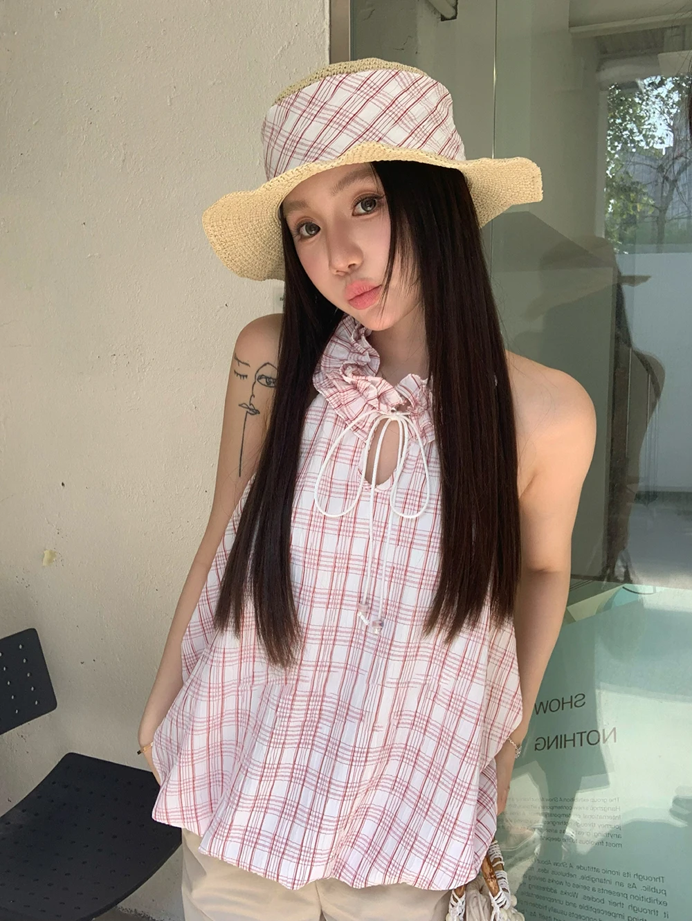 

Женский укороченный жилет в клетку с вырезом, без рукавов, летний, новый стиль, омолаживающий эффект, из смесового хлопка и полиэстера