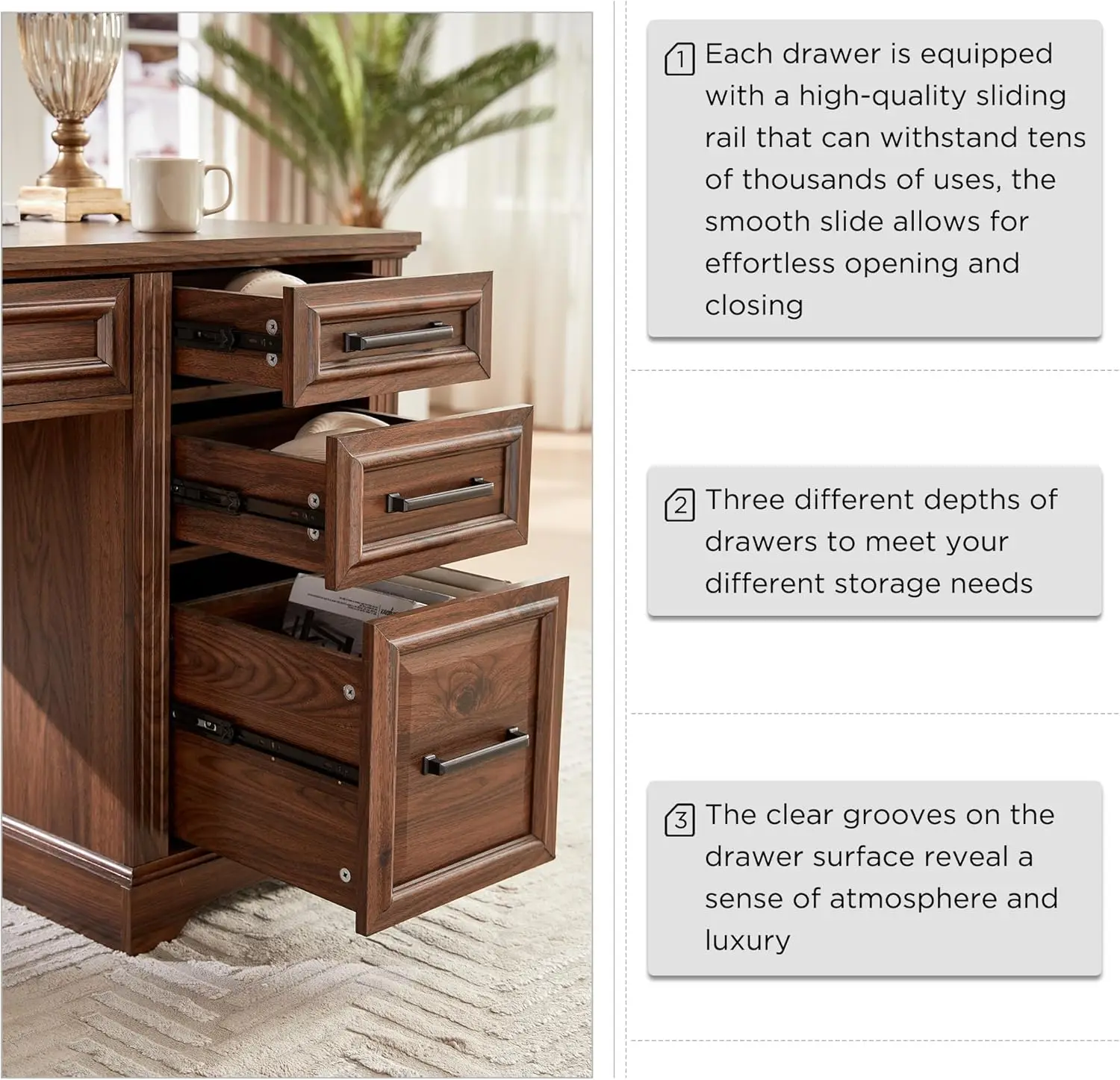 Mesa executiva de 58", mesa de computador de fazenda com gavetas e armário, mesa de escritório doméstico com textura em relevo, marrom escuro