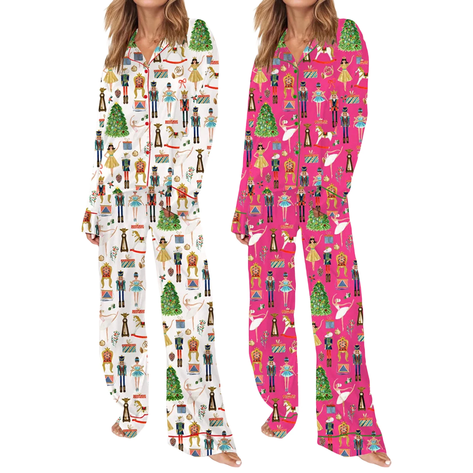 

HEZIOWYUN атласный шелковый рождественский пижамный комплект для женщин, милая пижама с Санта-Клаусом, рубашка на пуговицах + длинные брюки, комплект из 2 предметов, рождественские майки