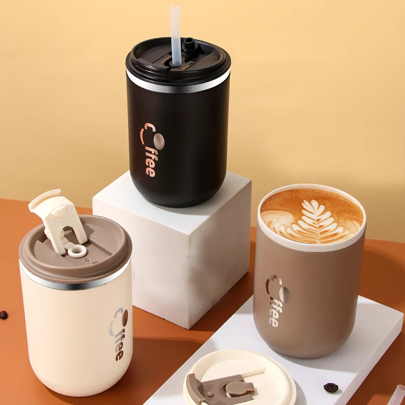 304 Stainless Steel Coffee Mug With Straw & Lid, Leakproof Tea Milk Mug Water Cup With Straw, Kitchen Drinkware For Kids Adults