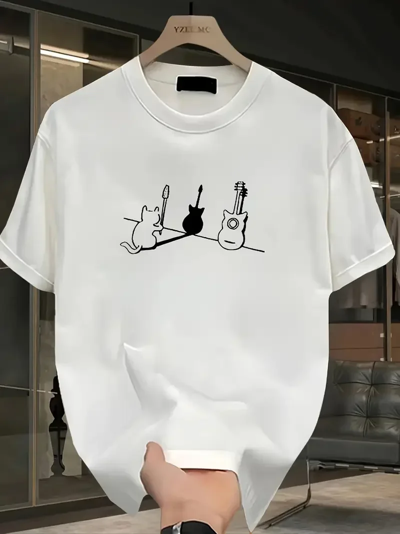 

Plus - Size Women's Short - Sleeve T - shirt, Cat & Guitar Instrument Print, Creative & Comfortable