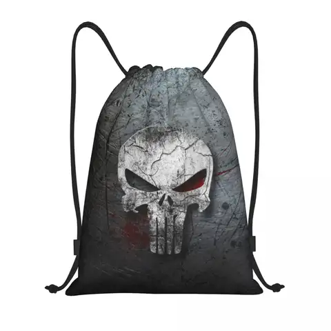 자세히 둘러보기 해골 해골 무거운 금속 처벌 Drawstring 배낭 여성 남성 스포츠 체육관 Sackpack 휴대용 쇼핑 가방 자루